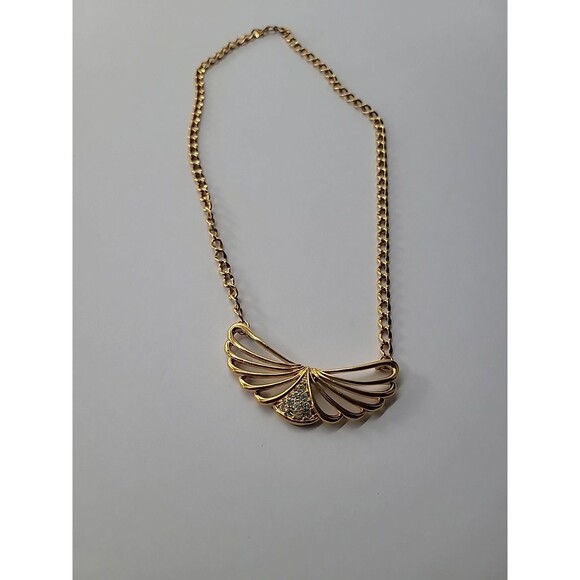 Vintage Necklace Wings Gold Tone White Crystals Chain Jewelry Costume - Picture 12 of 15